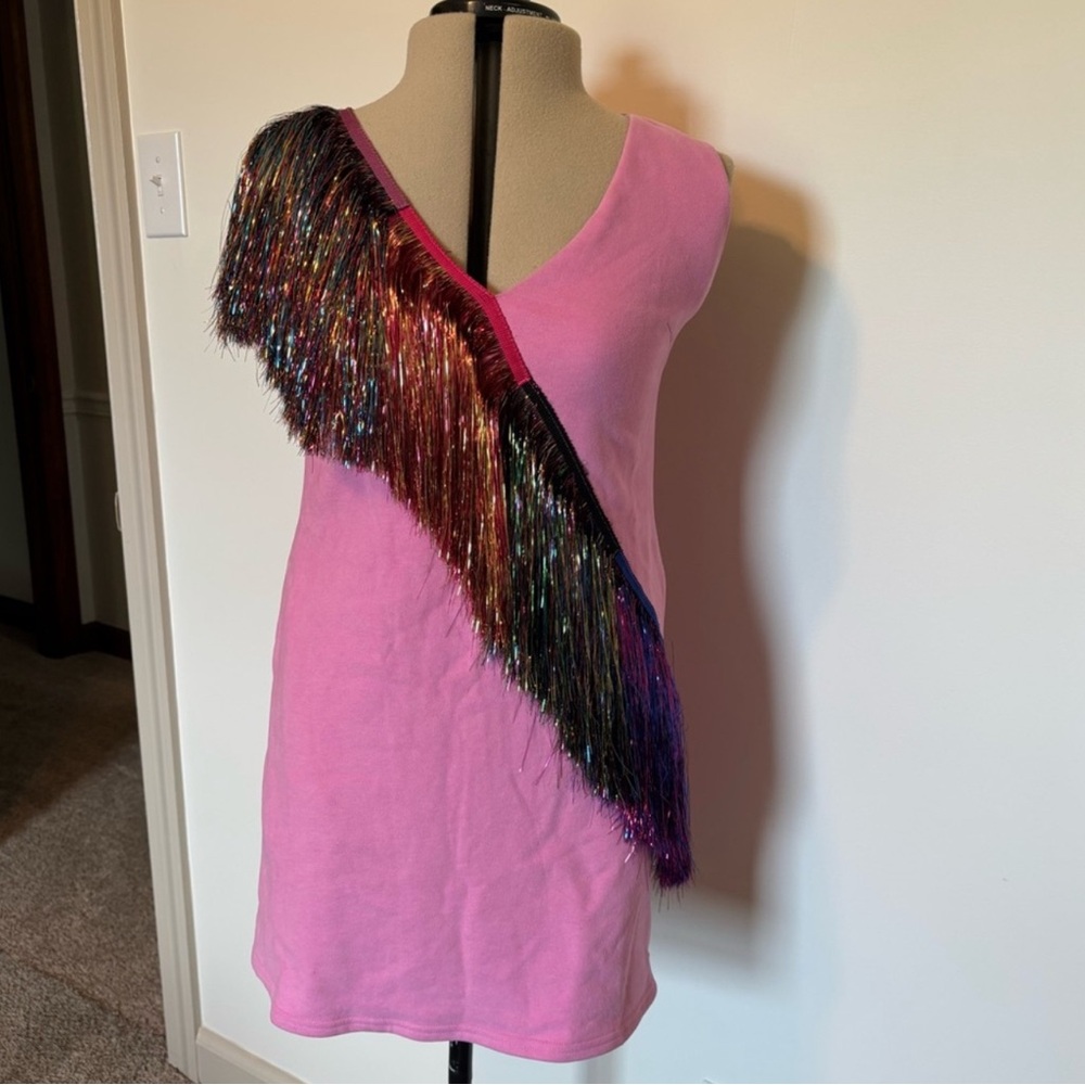QUEEN OF SPARKLES Pink One-Shoulder Fringe Mini Dress - Picture 5 of 6